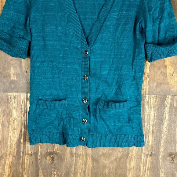 Eddie Bauer Womens Sweater Teal Button Down Cardigan Rolled 1/2 Sleeve Cotton M - Picture 3 of 12